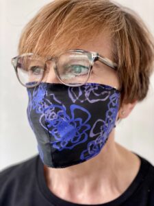 Hand-printed silk face mask (face covering) mainly blue